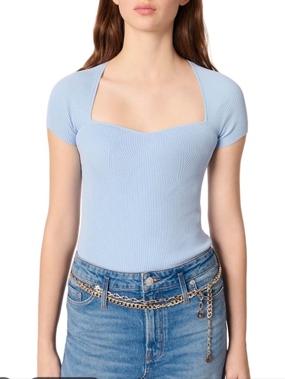 Maje NWT Rib Knit Top in Blue Sky Sweetheart Neckline Size 1